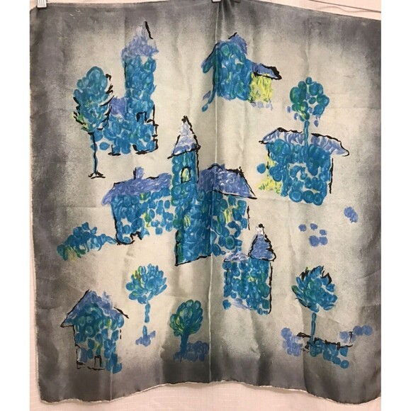 Vintage Womens Silk Scarf Gray Blue Village Motifs Church 30"x30" Square - Picture 2 of 6